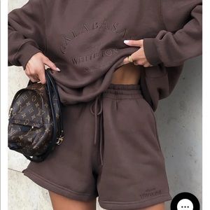 White fox chocolate brown crewneck sweatshirt shorts set